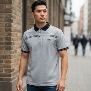 BOSS Hugo Boss Grey Striped Cotton Polo Shirt Embroidered Logo Sz Large VG